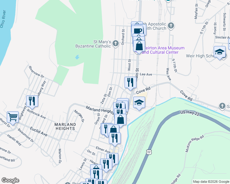 map of restaurants, bars, coffee shops, grocery stores, and more near 3412 Elm Street in Weirton