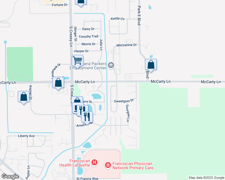 map of restaurants, bars, coffee shops, grocery stores, and more near 1018 Hornbeam Circle West in Lafayette