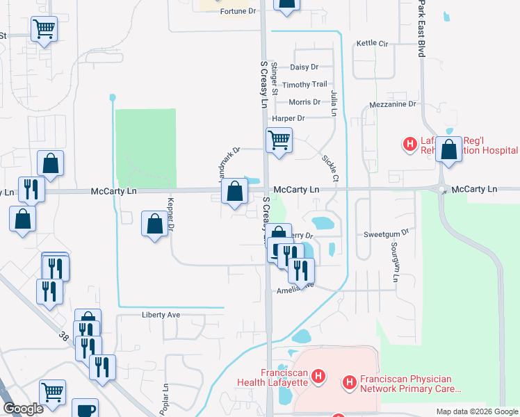 map of restaurants, bars, coffee shops, grocery stores, and more near 366 North 350 West in West Lafayette