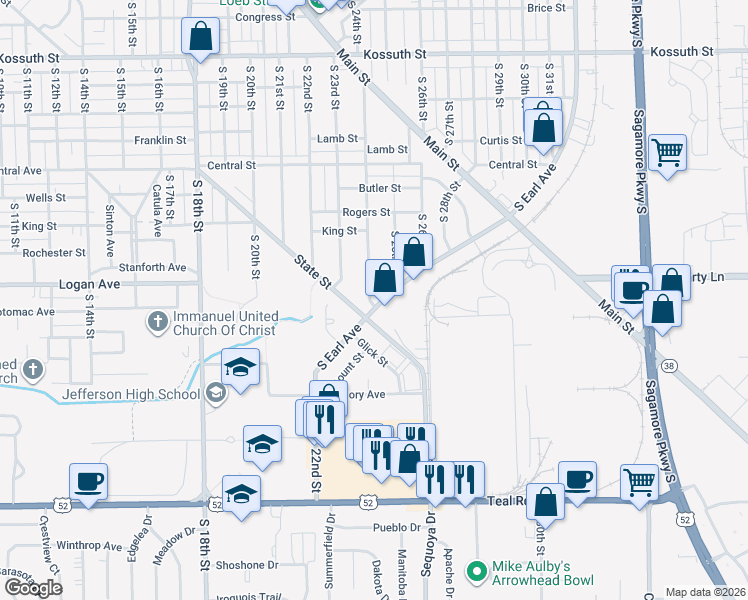 map of restaurants, bars, coffee shops, grocery stores, and more near 2450 South Earl Avenue in Lafayette