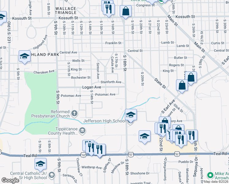 map of restaurants, bars, coffee shops, grocery stores, and more near 1619 Logan Avenue in Lafayette