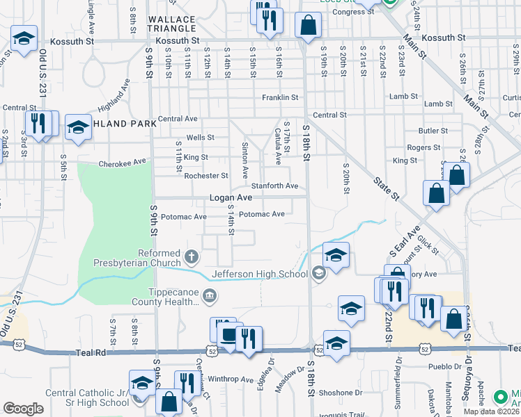 map of restaurants, bars, coffee shops, grocery stores, and more near 1427 Logan Avenue in Lafayette