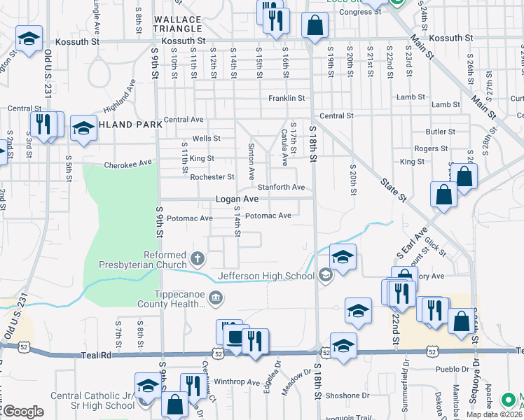 map of restaurants, bars, coffee shops, grocery stores, and more near 1427 Logan Avenue in Lafayette