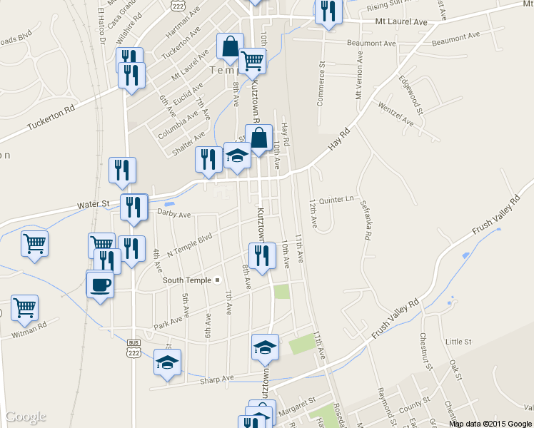map of restaurants, bars, coffee shops, grocery stores, and more near 4401 Kutztown Road in Temple