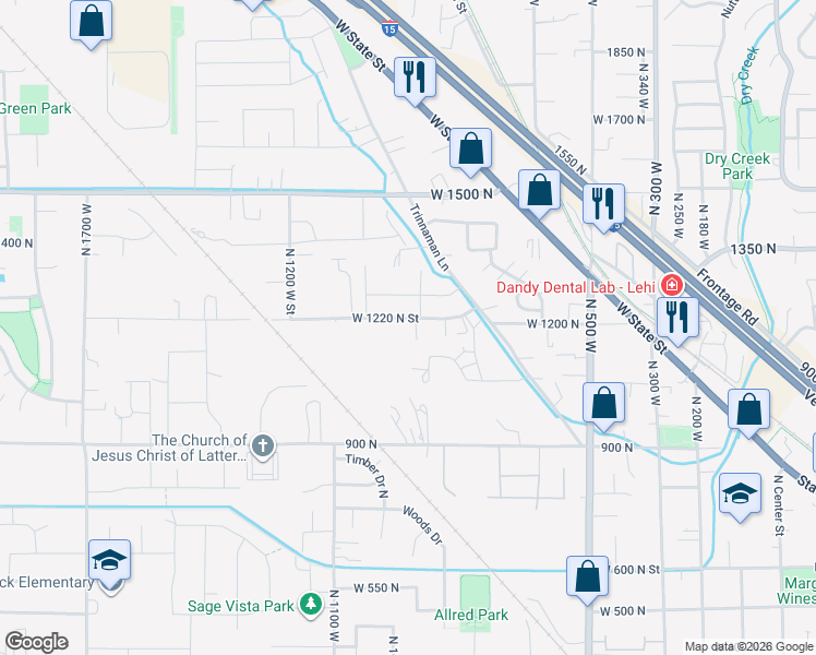 map of restaurants, bars, coffee shops, grocery stores, and more near 951 West 1220 North Street in Lehi