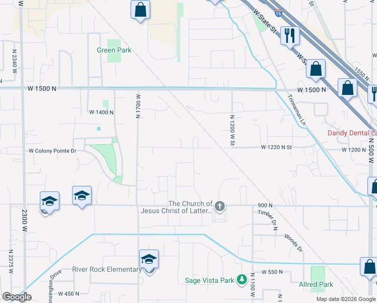map of restaurants, bars, coffee shops, grocery stores, and more near 1423 West 1220 North Street in Lehi