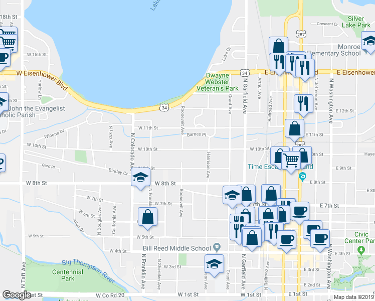 map of restaurants, bars, coffee shops, grocery stores, and more near 466 West 10th Street in Loveland