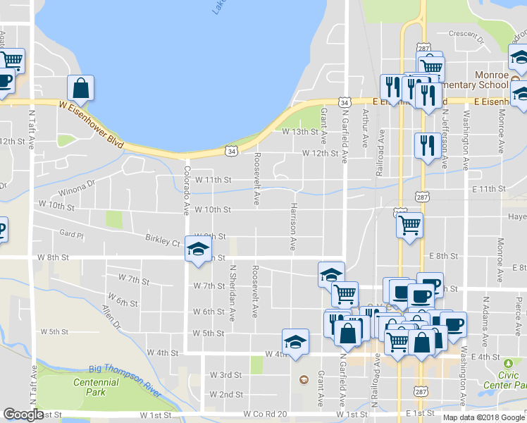 map of restaurants, bars, coffee shops, grocery stores, and more near 468 West 10th Street in Loveland