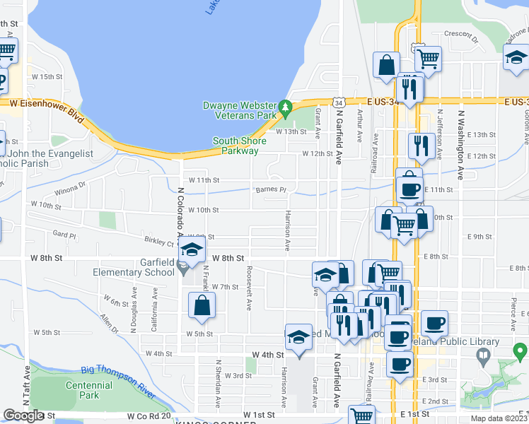 map of restaurants, bars, coffee shops, grocery stores, and more near 438 West 10th Street in Loveland