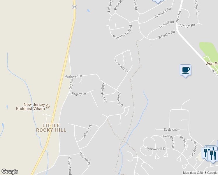 map of restaurants, bars, coffee shops, grocery stores, and more near 46 Andover Drive in South Brunswick Township