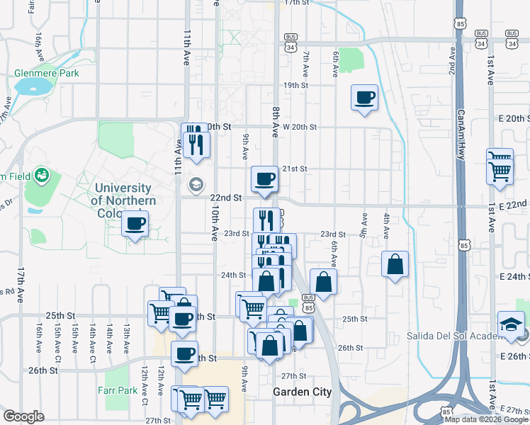map of restaurants, bars, coffee shops, grocery stores, and more near 2201 8th Avenue in Greeley