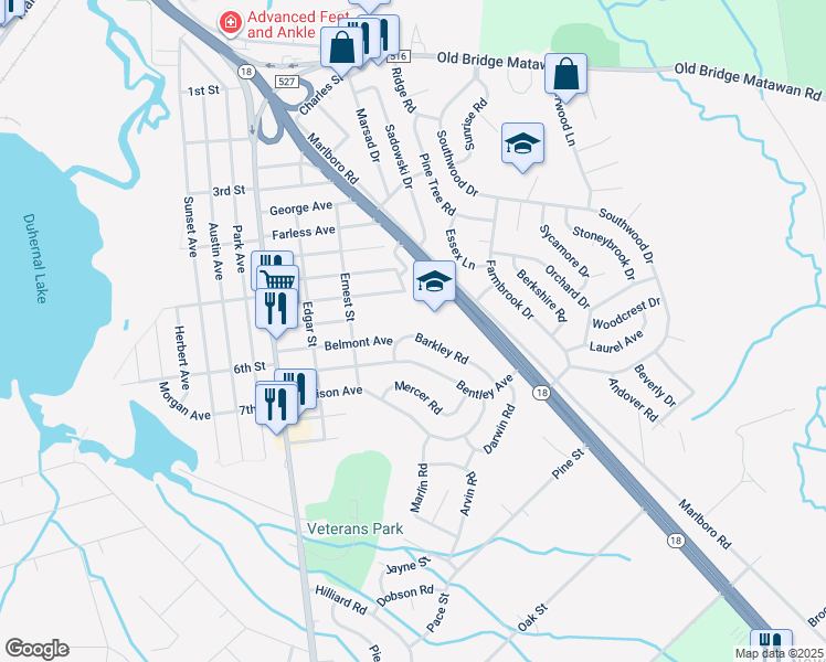 map of restaurants, bars, coffee shops, grocery stores, and more near 12 Barkley Road in Old Bridge