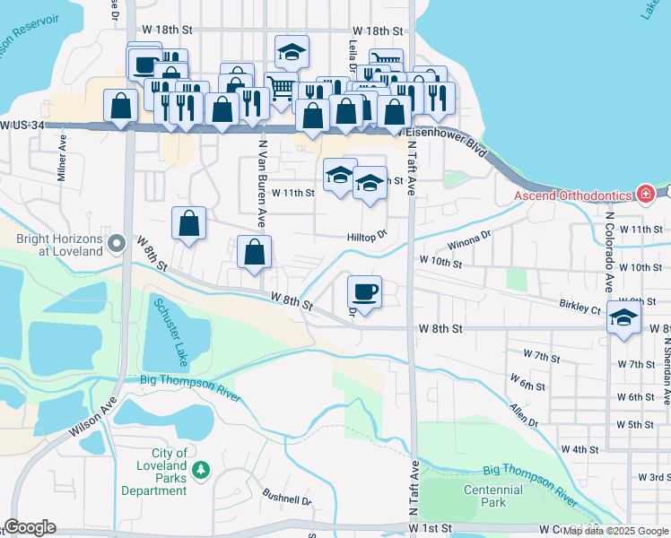 map of restaurants, bars, coffee shops, grocery stores, and more near 923 West Kelly Drive in Loveland