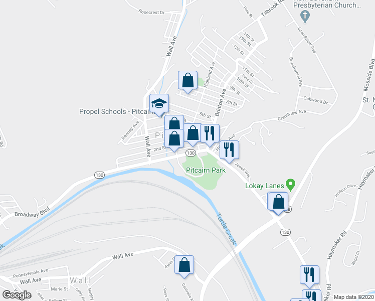 map of restaurants, bars, coffee shops, grocery stores, and more near 536 Broadway Boulevard in Pitcairn