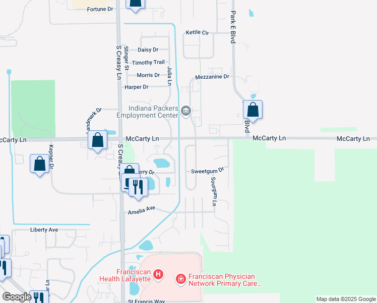 map of restaurants, bars, coffee shops, grocery stores, and more near 1018 Hornbeam Circle West in Lafayette