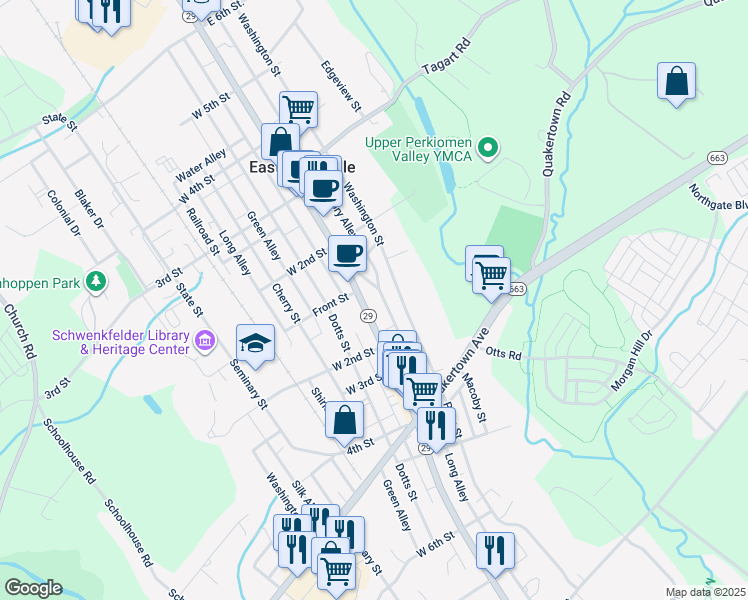 map of restaurants, bars, coffee shops, grocery stores, and more near 80 Main Street in Pennsburg