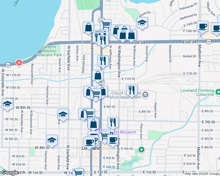 map of restaurants, bars, coffee shops, grocery stores, and more near 339 East 10th Street in Loveland