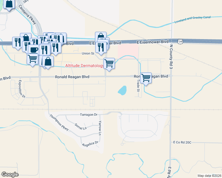 map of restaurants, bars, coffee shops, grocery stores, and more near 4430 Ronald Reagan Boulevard in Johnstown