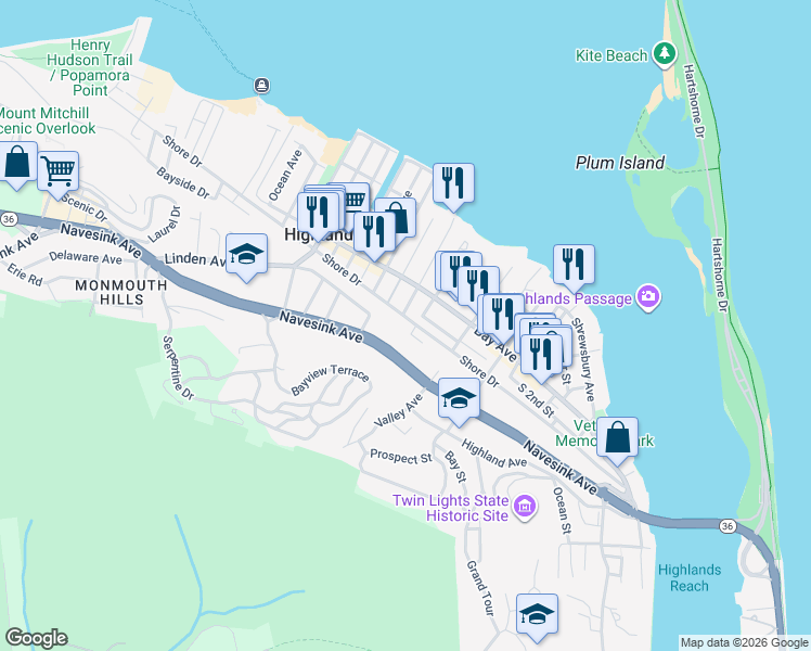 map of restaurants, bars, coffee shops, grocery stores, and more near 51 Atlantic Street in Highlands