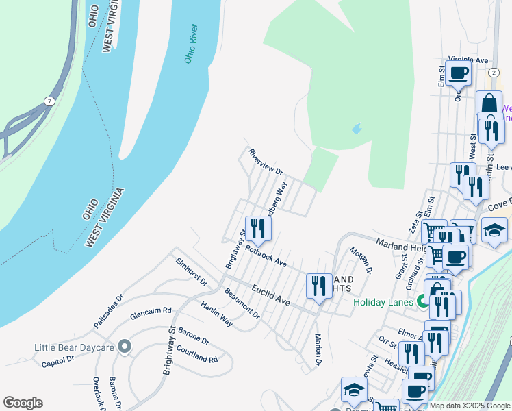 map of restaurants, bars, coffee shops, grocery stores, and more near Morris Avenue in Weirton