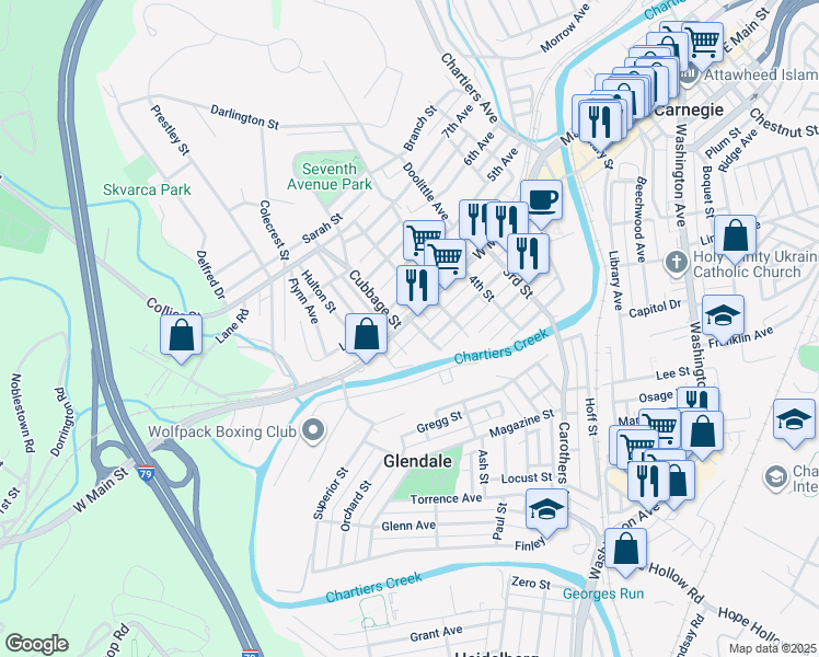 map of restaurants, bars, coffee shops, grocery stores, and more near 603 West Main Street in Carnegie