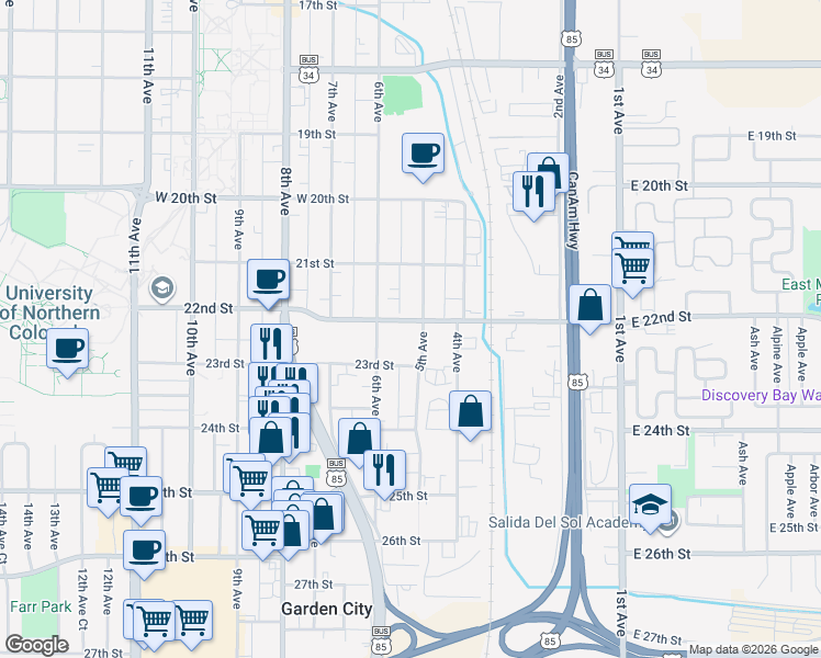 map of restaurants, bars, coffee shops, grocery stores, and more near 515 22nd Street in Greeley