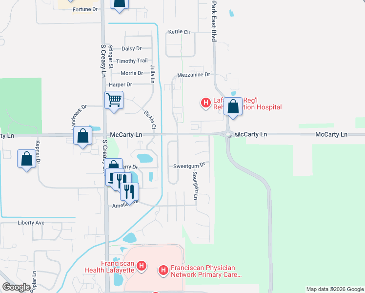 map of restaurants, bars, coffee shops, grocery stores, and more near 1007 Hornbeam Circle East in Lafayette