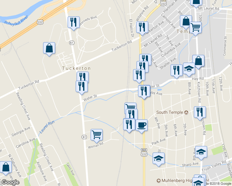 map of restaurants, bars, coffee shops, grocery stores, and more near 146 Water Street in Reading
