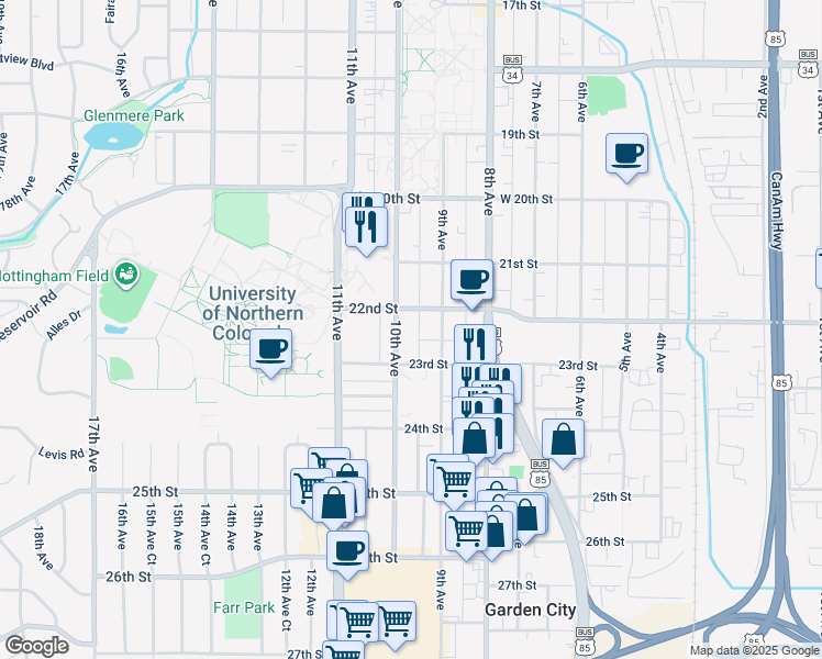 map of restaurants, bars, coffee shops, grocery stores, and more near 916 22nd Street in Greeley