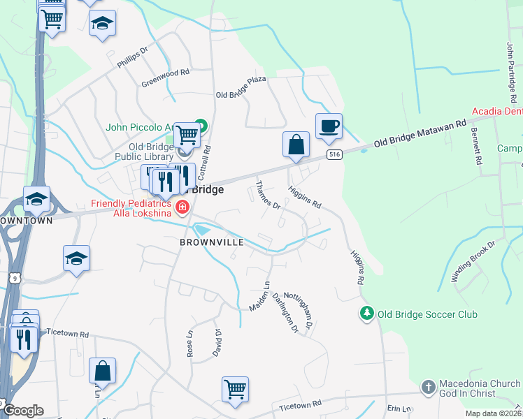 map of restaurants, bars, coffee shops, grocery stores, and more near 361 Minstrel Court in Old Bridge