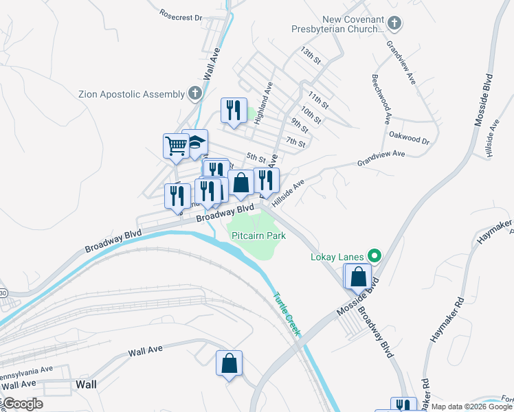 map of restaurants, bars, coffee shops, grocery stores, and more near 114 Highland Avenue in Pitcairn