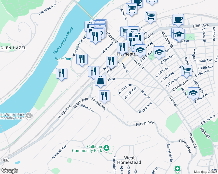 map of restaurants, bars, coffee shops, grocery stores, and more near 323 Cherry Street in West Homestead