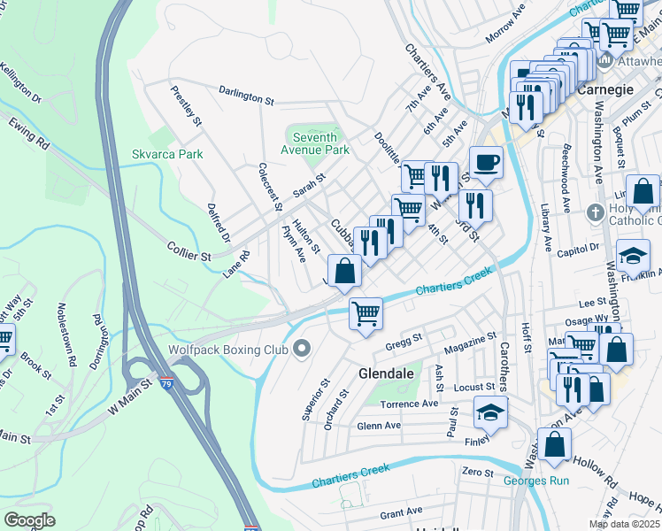 map of restaurants, bars, coffee shops, grocery stores, and more near 518 Hulton Street in Carnegie
