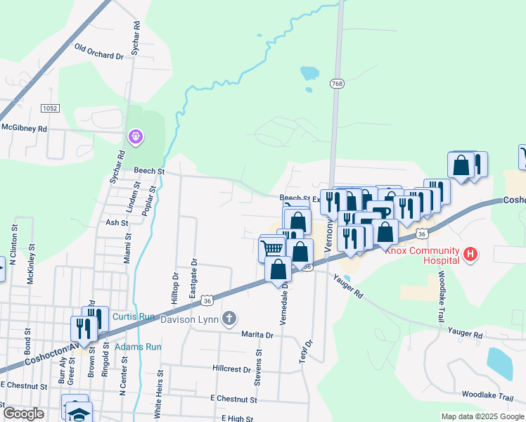 map of restaurants, bars, coffee shops, grocery stores, and more near 1072 Beech Street in Mount Vernon