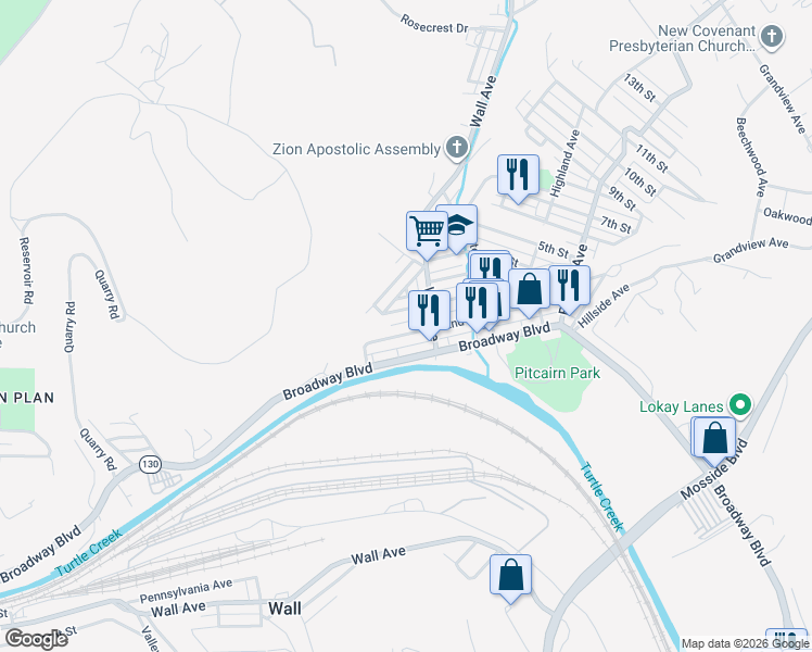 map of restaurants, bars, coffee shops, grocery stores, and more near 319 3rd Street in Pitcairn