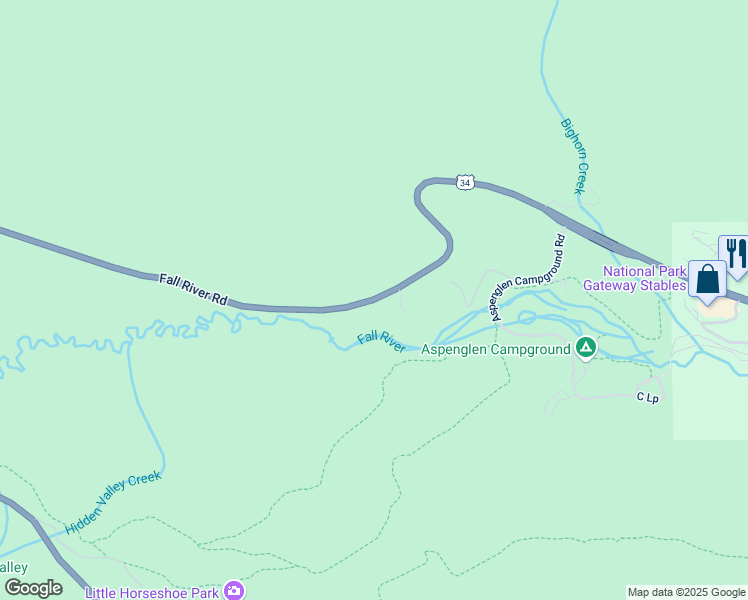 map of restaurants, bars, coffee shops, grocery stores, and more near Fall River Road in Estes Park