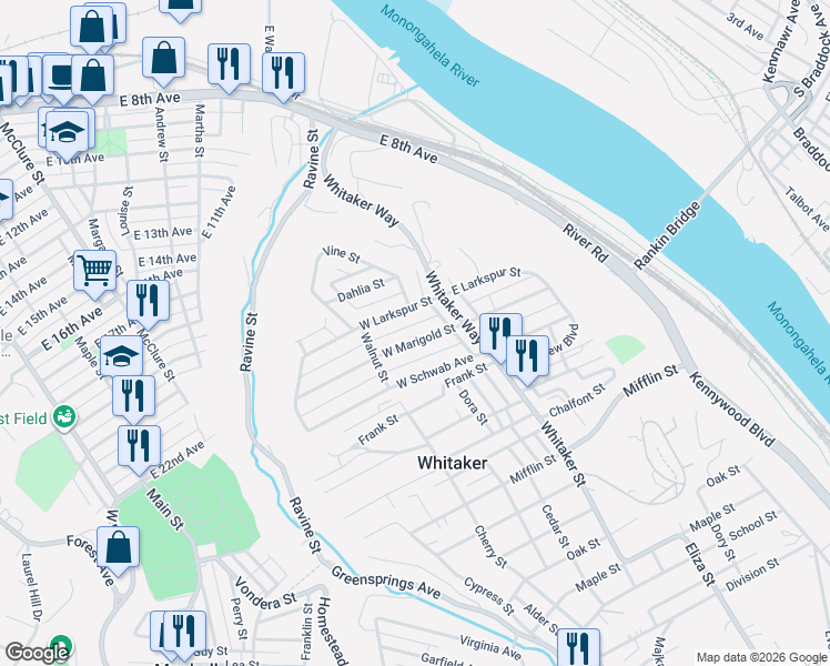 map of restaurants, bars, coffee shops, grocery stores, and more near 143 West Larkspur Street in Homestead