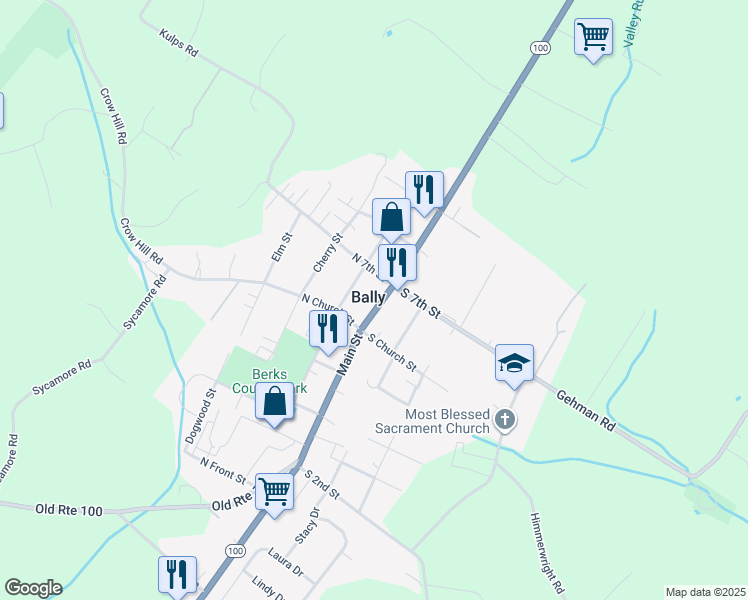 map of restaurants, bars, coffee shops, grocery stores, and more near 635 Main Street in Bally