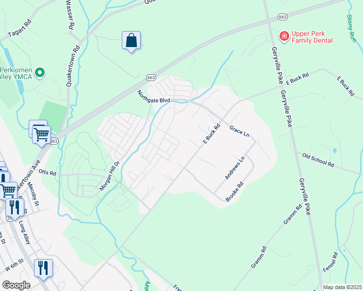 map of restaurants, bars, coffee shops, grocery stores, and more near 2139 Larkspur Court in Pennsburg