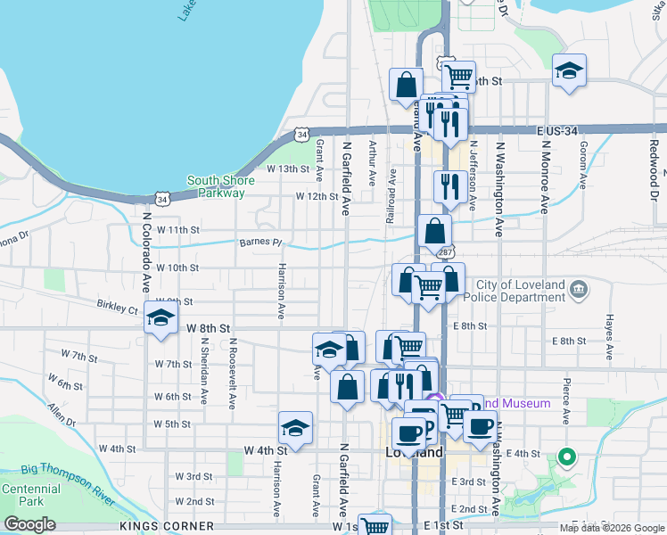 map of restaurants, bars, coffee shops, grocery stores, and more near 1005 North Garfield Avenue in Loveland