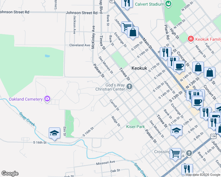 map of restaurants, bars, coffee shops, grocery stores, and more near 1816 Palean St in Keokuk