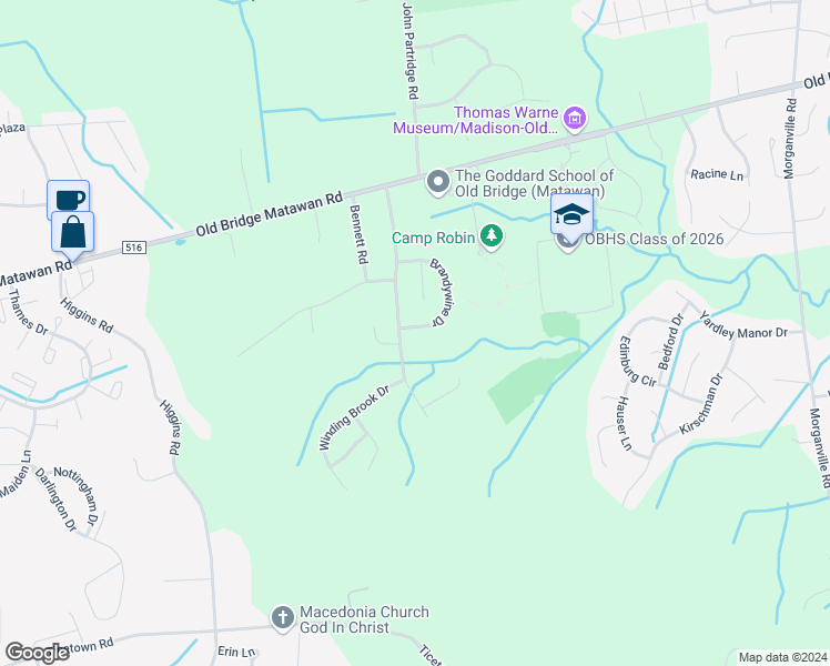 map of restaurants, bars, coffee shops, grocery stores, and more near 73 Brandywine Drive in Matawan