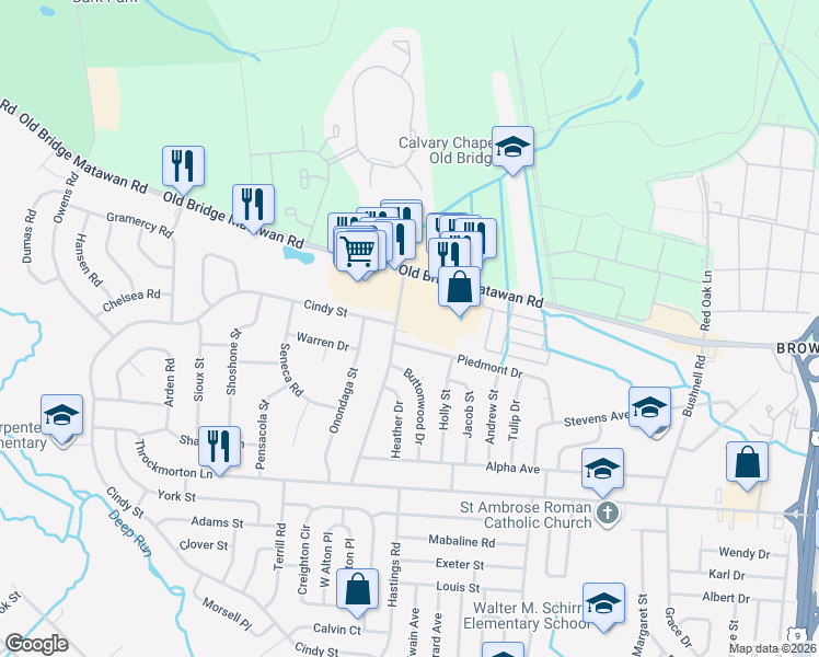 map of restaurants, bars, coffee shops, grocery stores, and more near 18 Gaub Road in Old Bridge