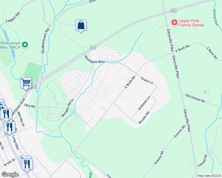 map of restaurants, bars, coffee shops, grocery stores, and more near 2139 Larkspur Court in Pennsburg