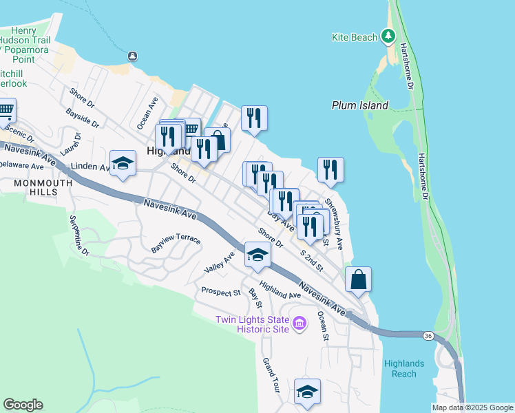 map of restaurants, bars, coffee shops, grocery stores, and more near 215 Bay Avenue in Highlands