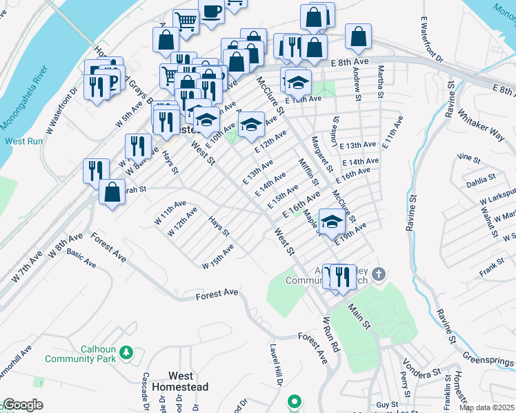 map of restaurants, bars, coffee shops, grocery stores, and more near West Street in Homestead