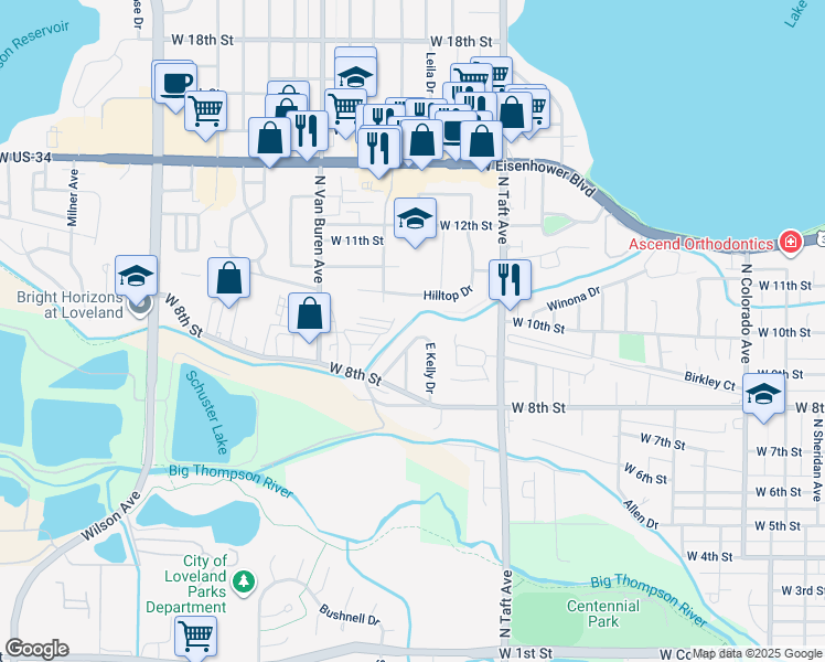 map of restaurants, bars, coffee shops, grocery stores, and more near 923 West Kelly Drive in Loveland