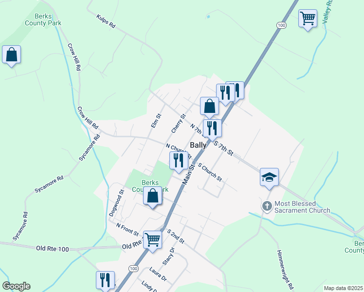 map of restaurants, bars, coffee shops, grocery stores, and more near 103 North Church Street in Bally