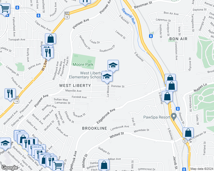 map of restaurants, bars, coffee shops, grocery stores, and more near Dunster Street in Pittsburgh