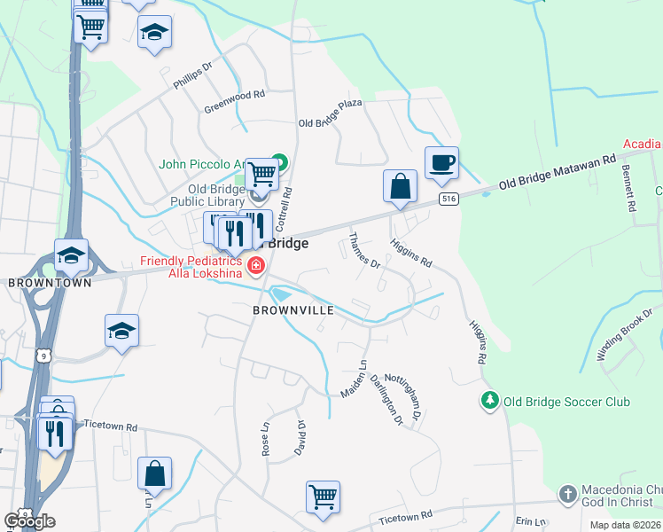 map of restaurants, bars, coffee shops, grocery stores, and more near 17 Excalibur Court in Old Bridge